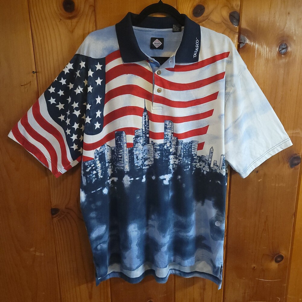 Y2k vintage Tabasco XL Polo aop American Flag City Skyline Cotton new york nyc